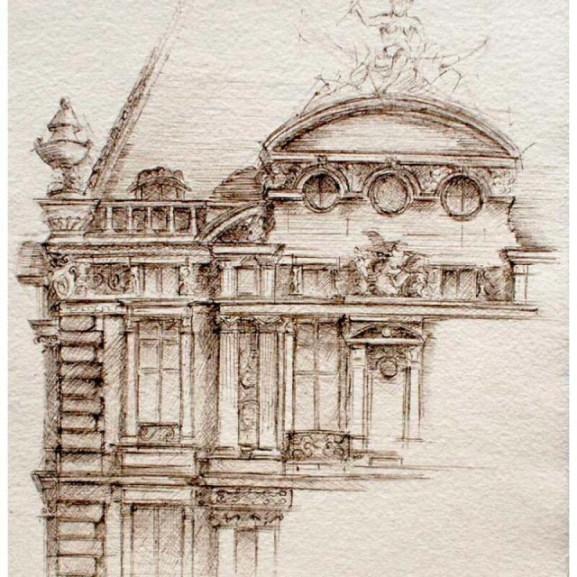 Dessin d'architecture à la main Louvre Paris