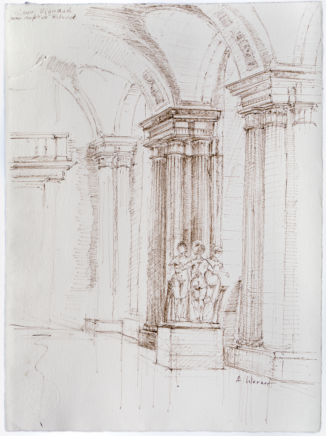 Dessin architecture patrimoine à l'encre, Louvre, Salle des Caryatides 